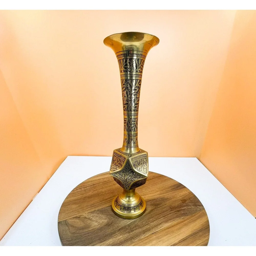 Vintage‎ Floral Brass Pedestal Vase - Made in India
